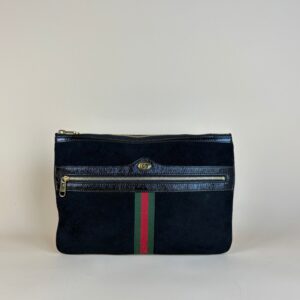 Gucci Black Suede GG Ophidia Vintage Zip Clutch