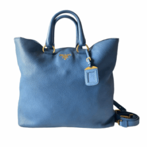 Prada Blue Vitello Daino Vertical Convertible Tote Bag