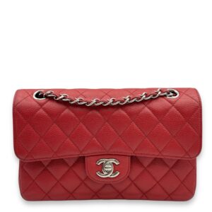 Classic Double Flap Small Red Shoulder Bag in Caviar Leather, Silver hardware