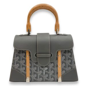 Saigon Structured Mini Grey Crossbody Bag in Goyardine canvas, beech handle, Silver hardware