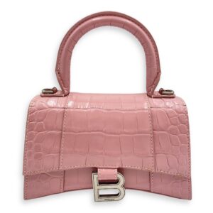 Hourglass Pink Crossbody Bag in Crocodile Embossed Leather, Silver hardware