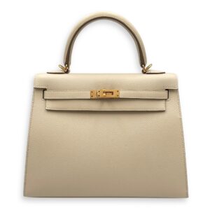 HSS Sellier Kelly 25 Nata/Gris Perle in Epsom, Gold hardware