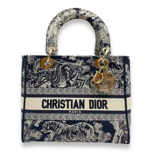 Lady Dior D-Lite Medium Blue Toile De Jouy Shoulder Bag in Canvas, Gold hardware