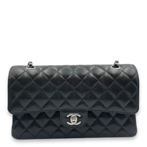 Quilted CC Classic Medium Black Double Flap Bag in Caviar Leather, Silver hardware