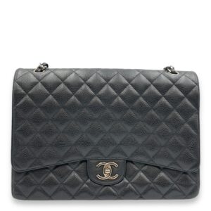 Quilted CC Classic Maxi Black Double Flap Bag in Caviar Leather, Silver hardware