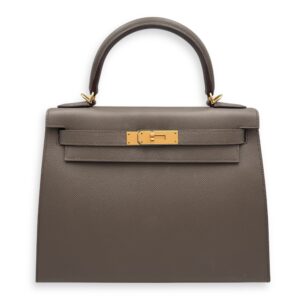 Sellier Kelly 28 Gris Etain in Epsom, Gold hardware