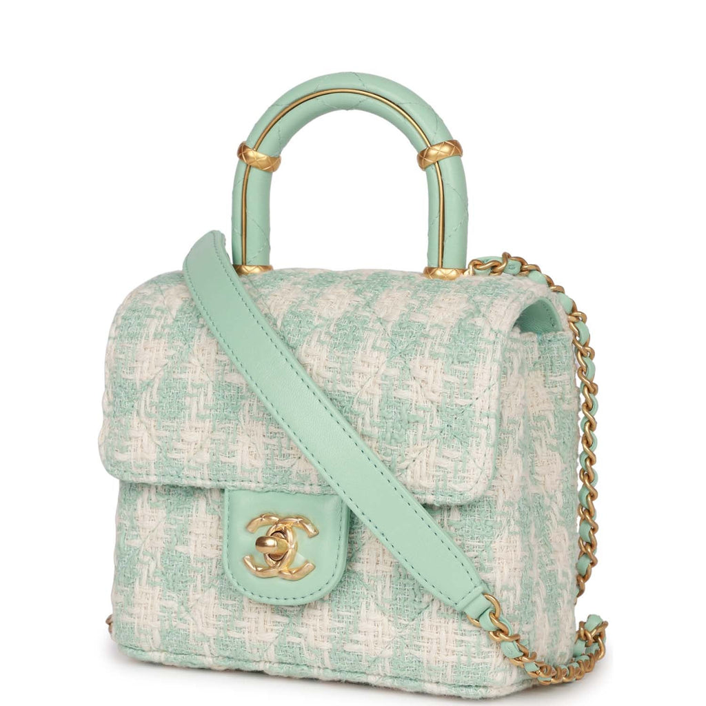 Chanel Mini Square Flap with Top Handle Turquoise and Ecru Tweed Antique Gold Hardware - Image 6