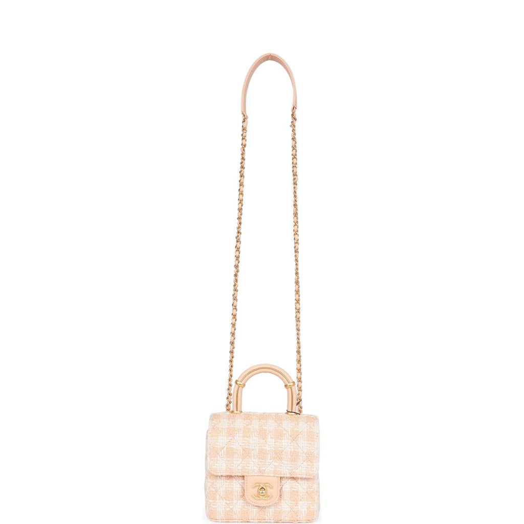 Chanel Mini Square Flap with Top Handle Light Orange and Ecru Tweed Antique Gold Hardware - Image 8