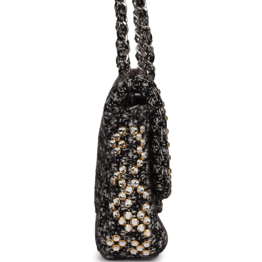 Pre-owned Chanel Medium Single Flap Black and White Tweed With Crystals Silver Hardware - Image 4