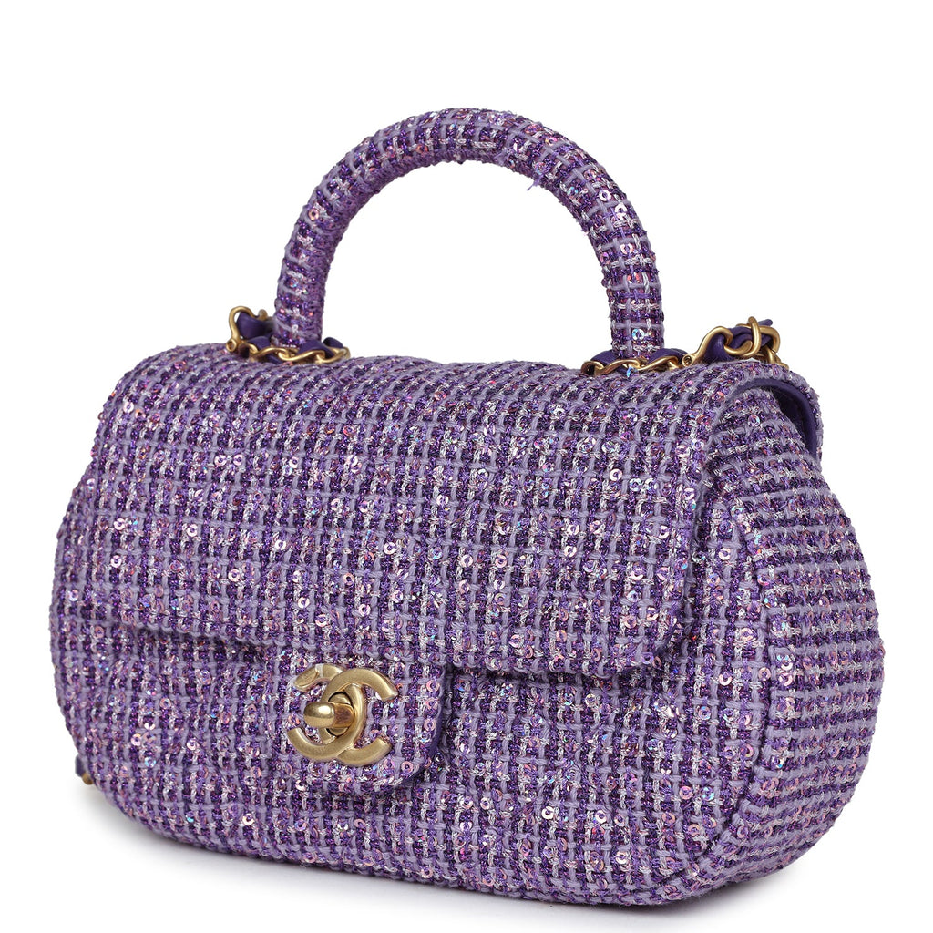 Chanel Mini Sequin Flap Bag with Top Handle Purple Tweed Antique Gold Hardware - Image 5