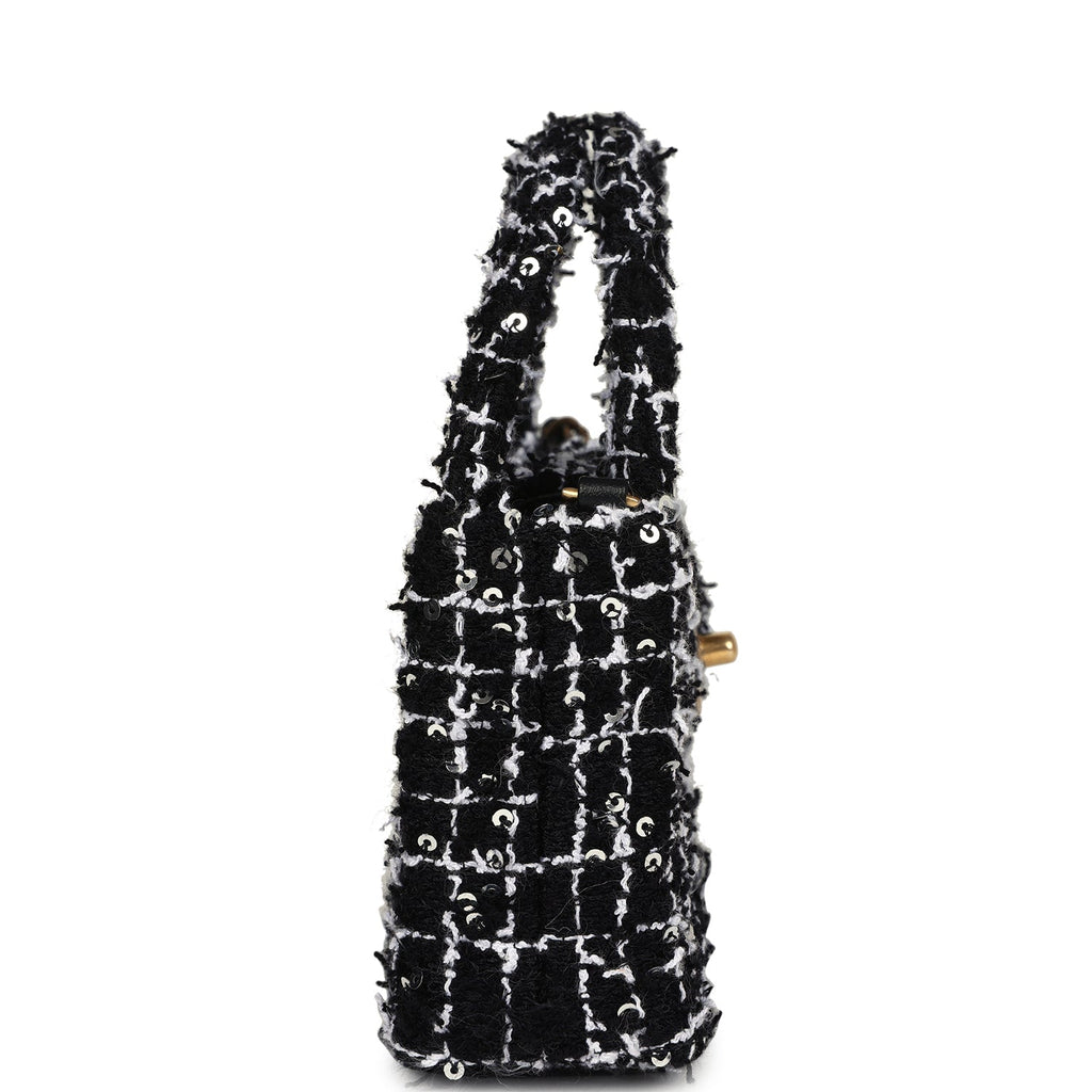 Chanel Nano Kelly Shopper Black, White & Silver Sequin Tweed Brushed Gold Hardware - Image 4