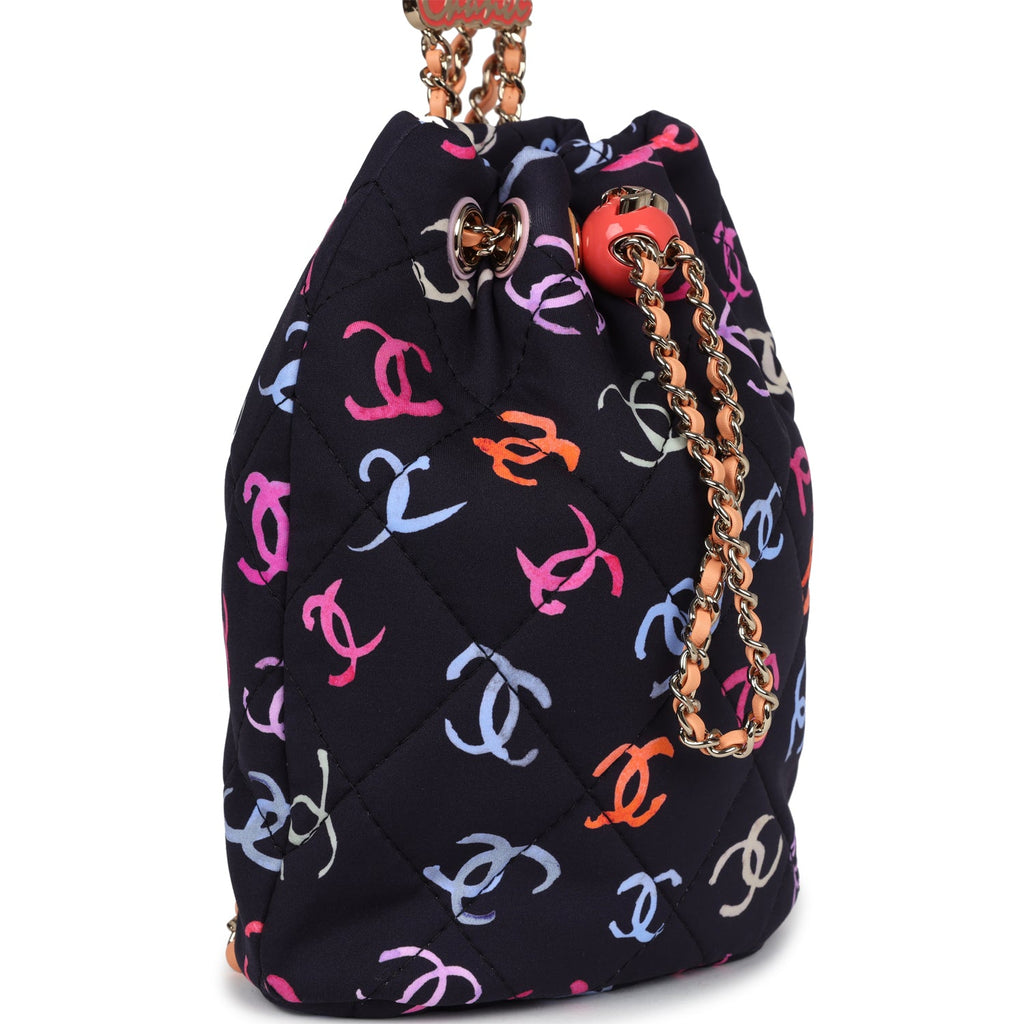 Chanel Medium CC Drawstring Backpack Multicolored Printed Fabric Light Gold Hardware - Image 3