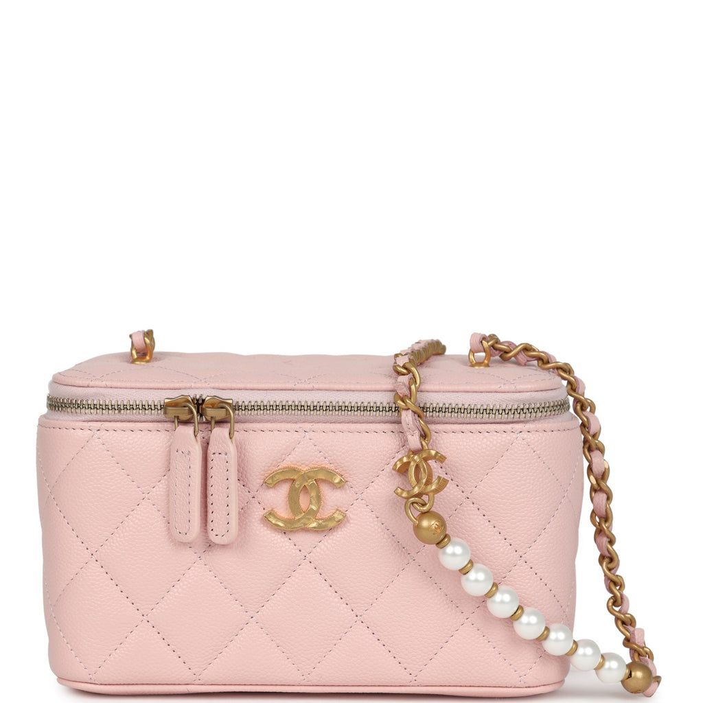 Chanel Small CC Vanity Case Light Pink Caviar Faux Pearls Brushed Gold Hardware