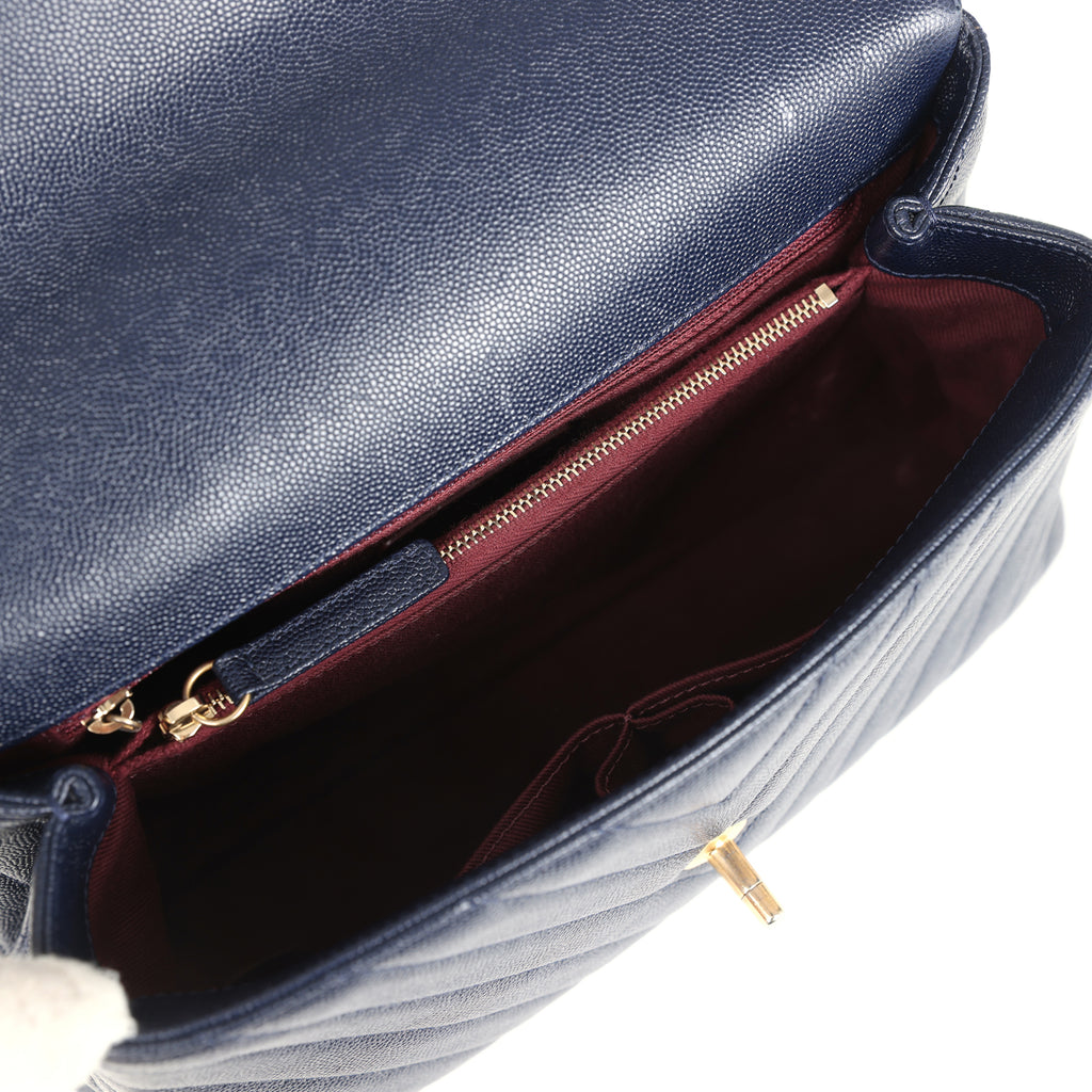 Pre-owned Chanel Medium Coco Top Handle Navy Blue Chevron Caviar Antique Gold Hardware - Image 9