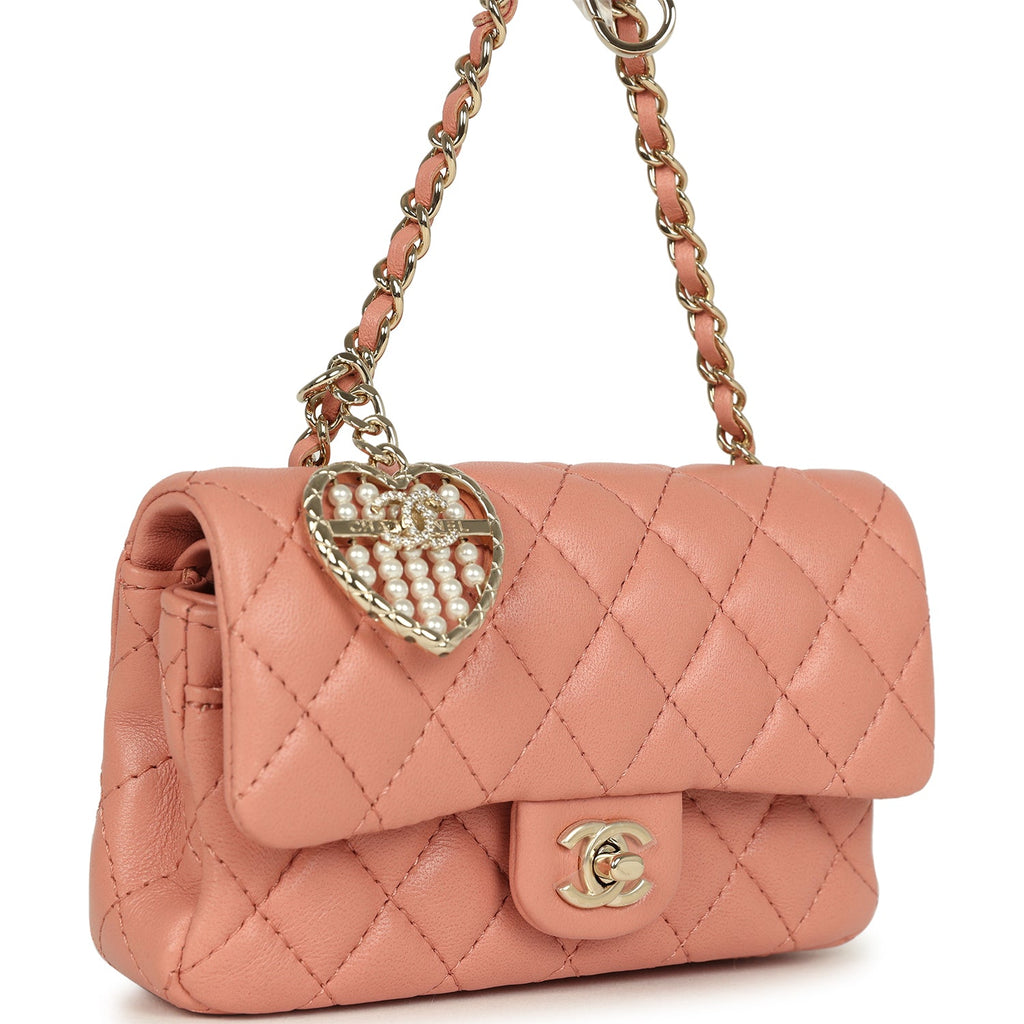 Chanel Nano Classic Double Flap Bag Charm Pink Lambskin Light Gold Hardware - Image 3