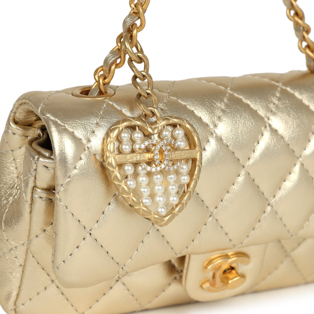 Chanel Nano Classic Double Flap Bag Charm Gold Metallic Calfskin Brushed Gold Hardware - Image 7