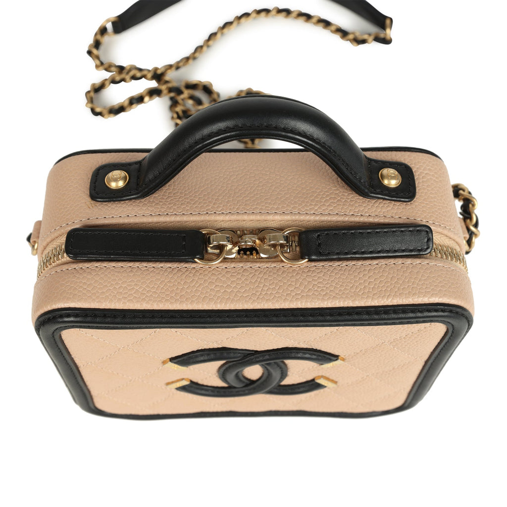 Pre-owned Chanel Small CC Filigree Vanity Case Black and Beige Caviar Antique Gold Hardware - Image 8