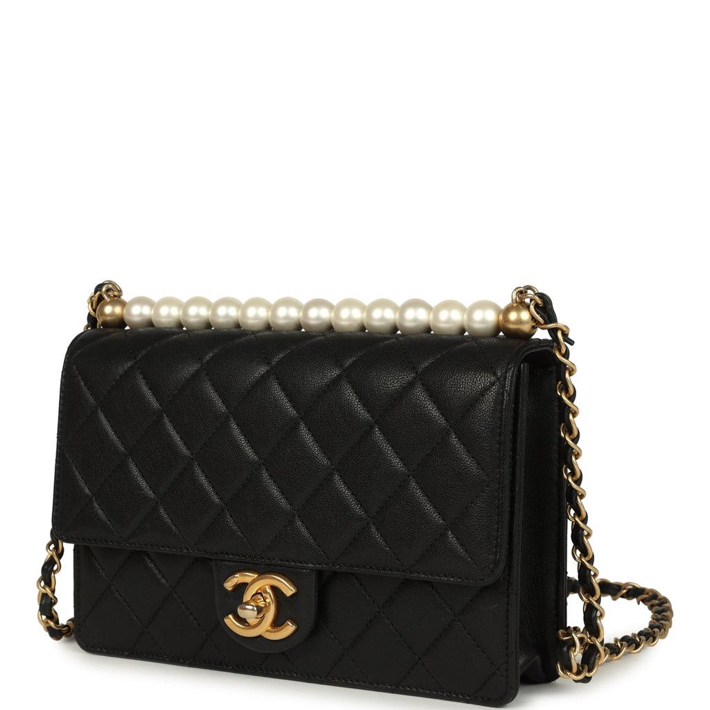 Pre-owned Chanel Small Chic Pearls Flap Bag Black Goatskin Antique Gold Hardware - Image 6