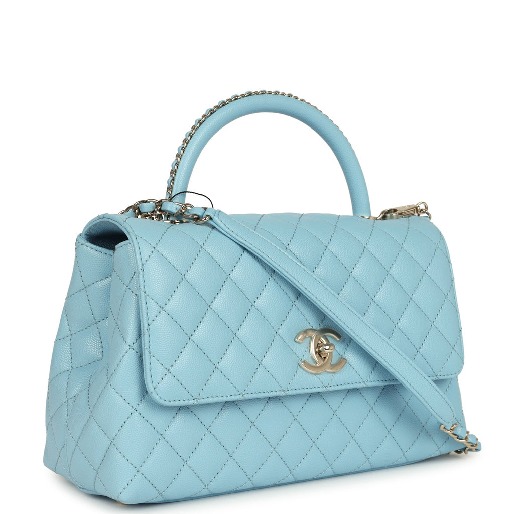 Chanel Medium Coco Top Handle Flap Bag Light Blue Shiny Caviar Light Gold Hardware - Image 3