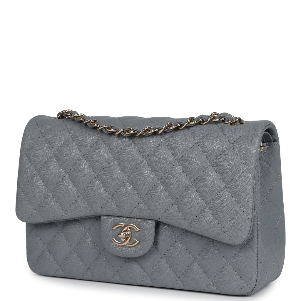 Chanel Jumbo Classic Double Flap Bag Light Grey Shiny Caviar Light Gold Hardware - Image 6
