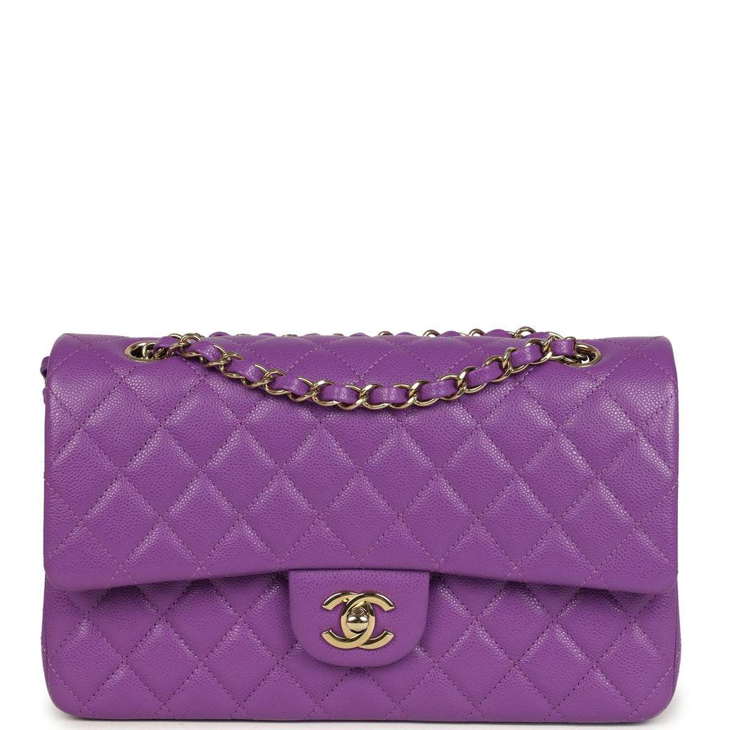 Pre-owned Chanel Medium Classic Double Flap Bag Dark Purple Shiny Caviar Light Gold Hardware