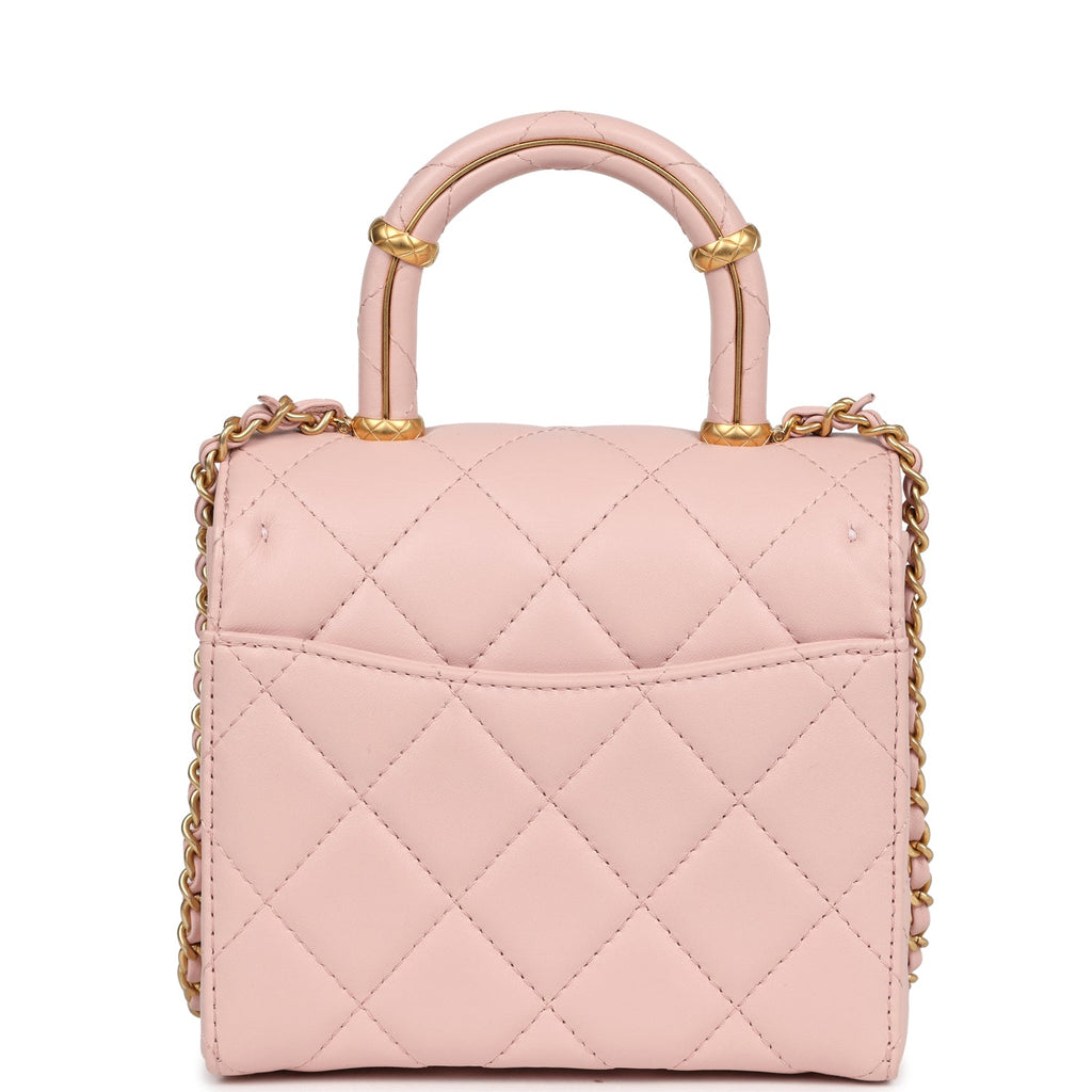 Chanel Mini Square Top Handle Flap Light Pink Lambskin Antique Gold Hardware - Image 5