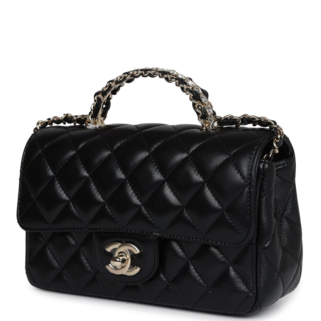 Chanel Mini Rectangular Crystal Top Handle Flap Bag Black Lambskin Light Gold Hardware - Image 6