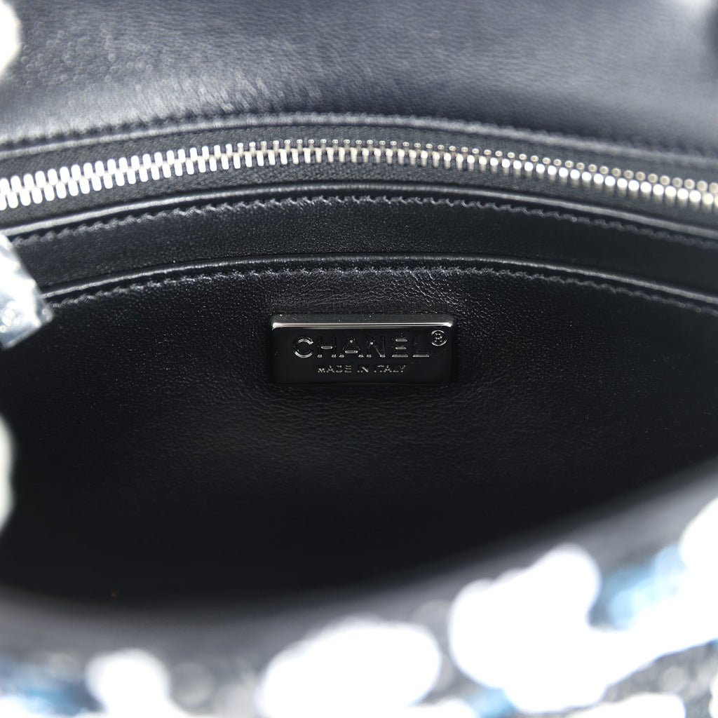 Chanel Mini Rectangular Flower Flap Bag Black, Navy and White Sequin Ruthenium Hardware - Image 10