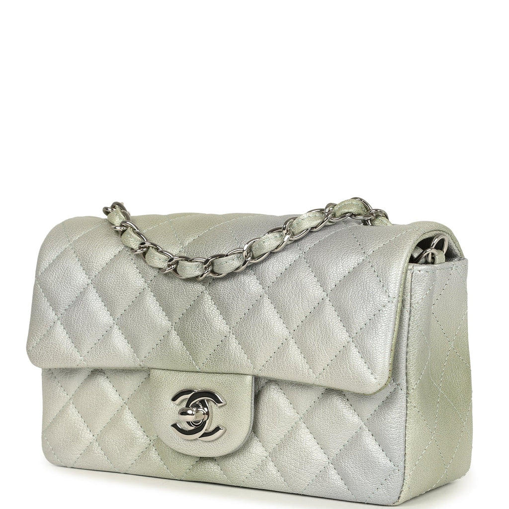 Chanel Mini Classic Rectangular Flap Bag Grey and Green Ombre Iridescent Goatskin Silver Hardware - Image 6