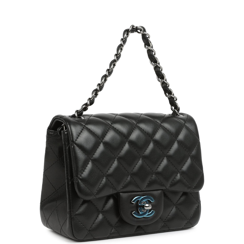 Pre-owned Chanel Mini Classic Square Flap Bag Black Lambskin Ruthenium Hardware - Image 3