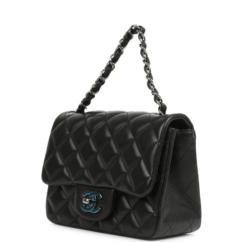 Pre-owned Chanel Mini Classic Square Flap Bag Black Lambskin Ruthenium Hardware - Image 6