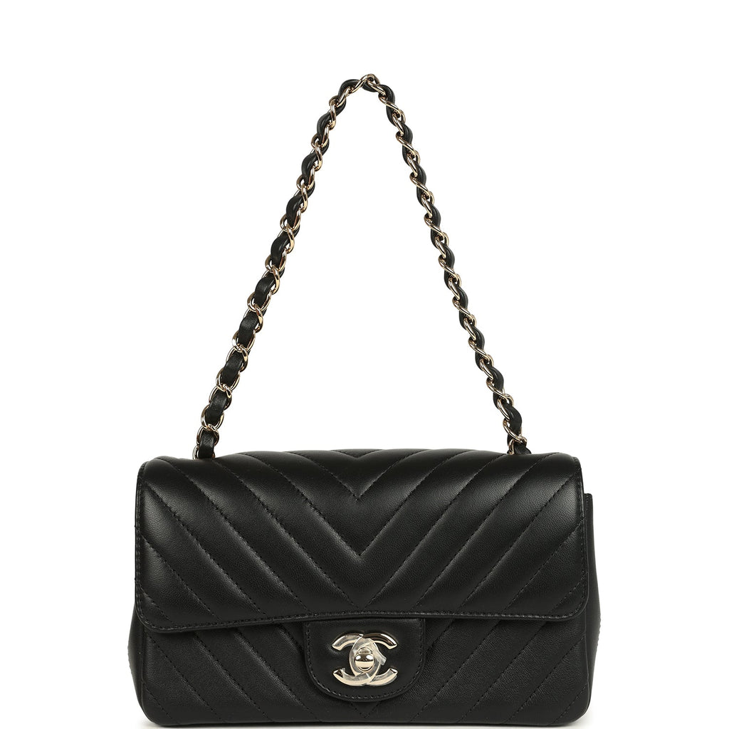 Chanel Mini Chevron Classic Rectangular Flap Bag Black Lambskin Light Gold Hardware - Image 8