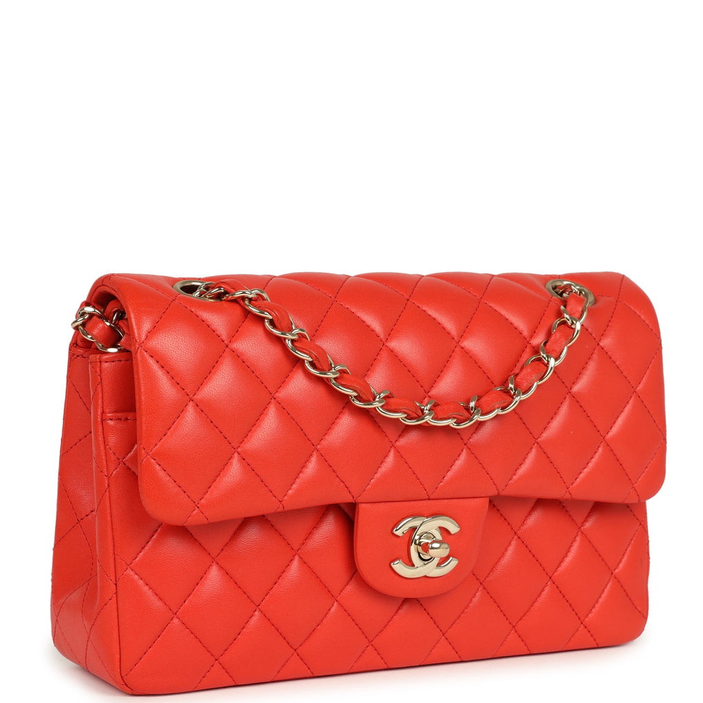 Pre-owned Chanel Small Classic Double Flap Bag Red Lambskin Light Gold Hardware - Image 3