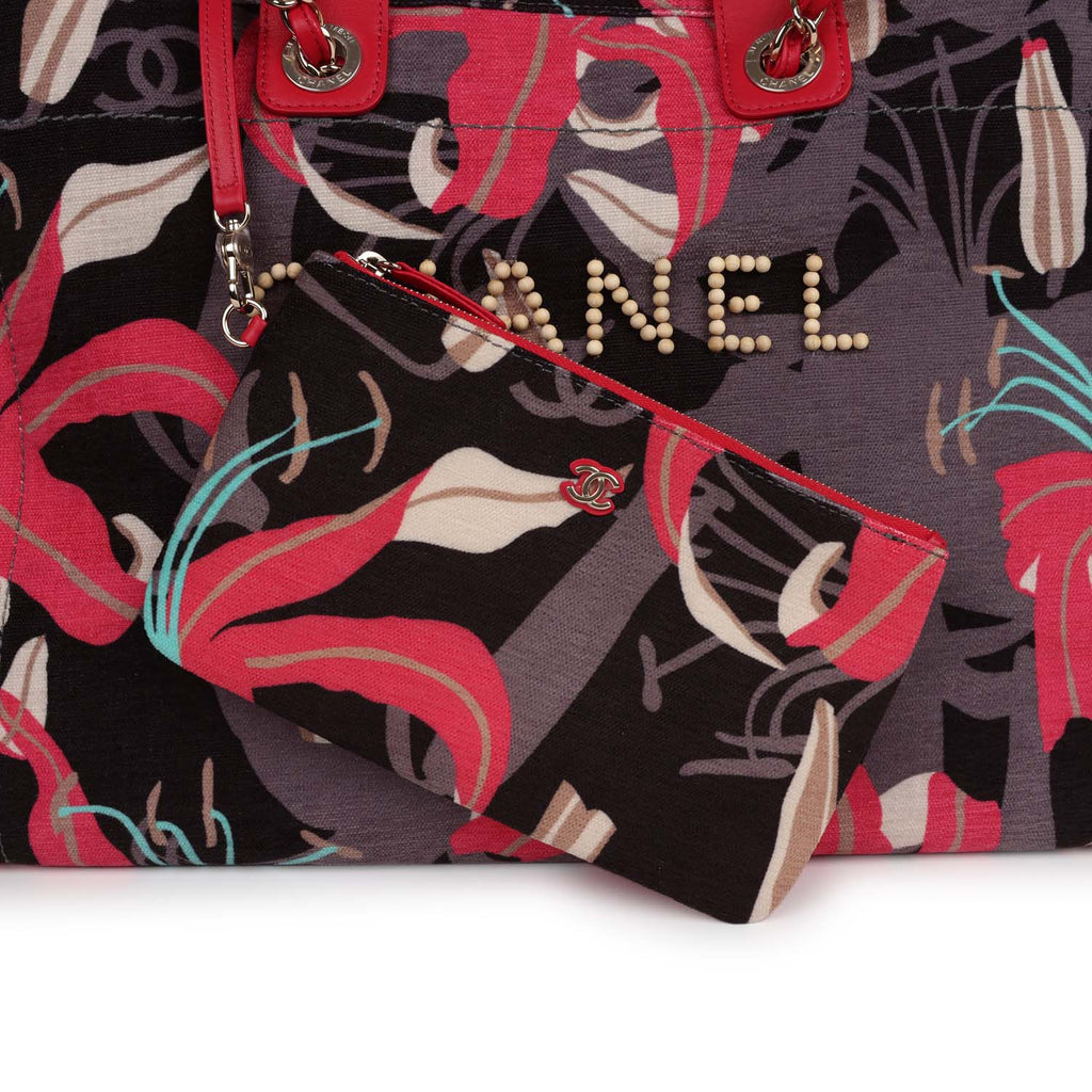 Chanel Medium Deauville Shopping Tote Grey and Pink Tropical Floral Velvet Light Gold Hardware - Image 9