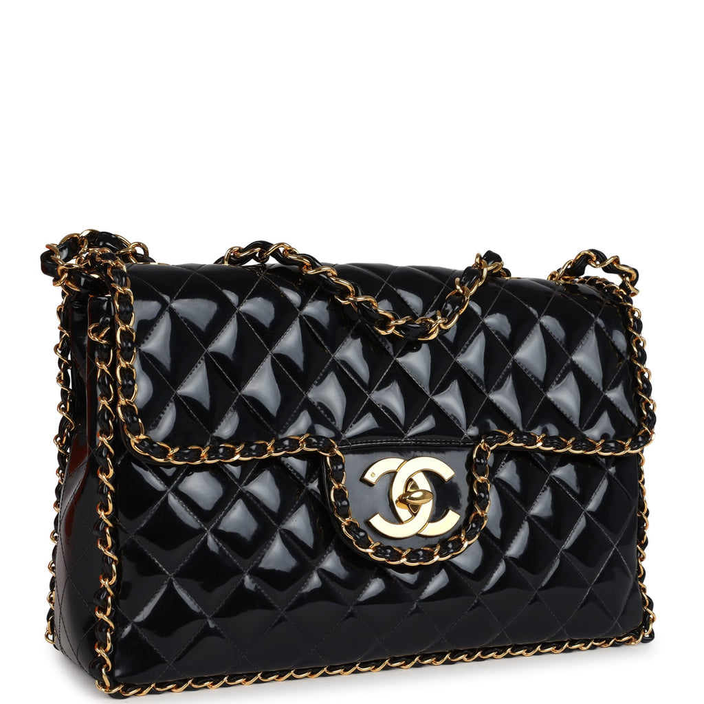 Vintage Chanel Maxi Classic Chain Around Single Flap Bag Black Patent Gold Hardware - Image 3