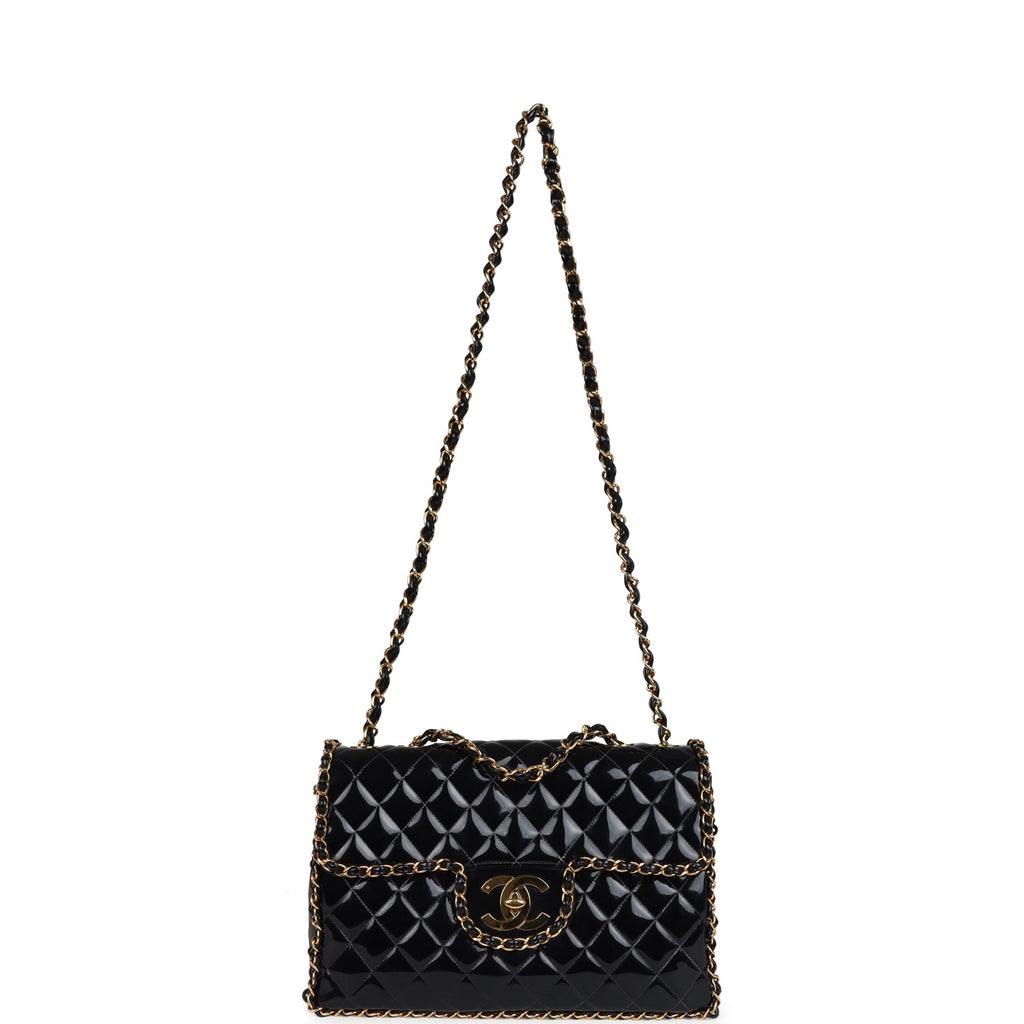 Vintage Chanel Maxi Classic Chain Around Single Flap Bag Black Patent Gold Hardware - Image 8