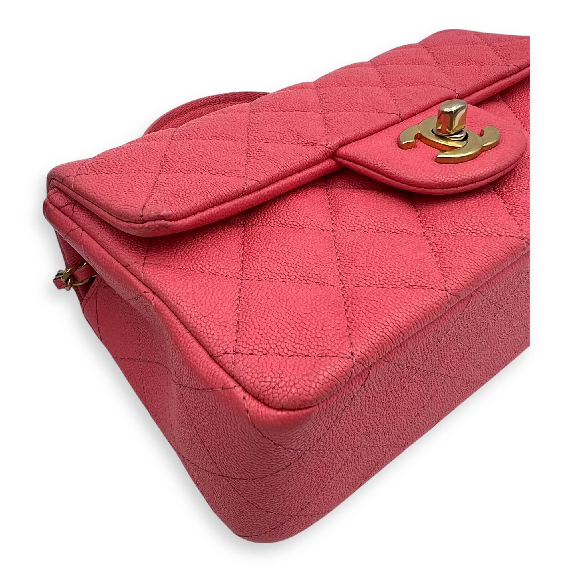 Rectangle Flap Mini Pink Top Handle Bag in Caviar Leather, Brushed Gold hardware - Image 7