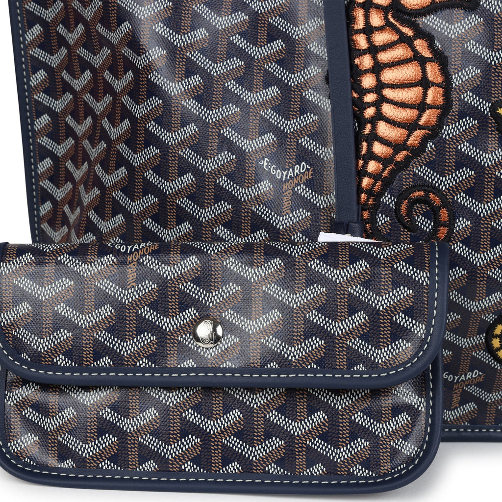 Goyard Goyardine Navy Blue Anjou PM Embroidered Seahorse Bag Palladium Hardware - Image 8