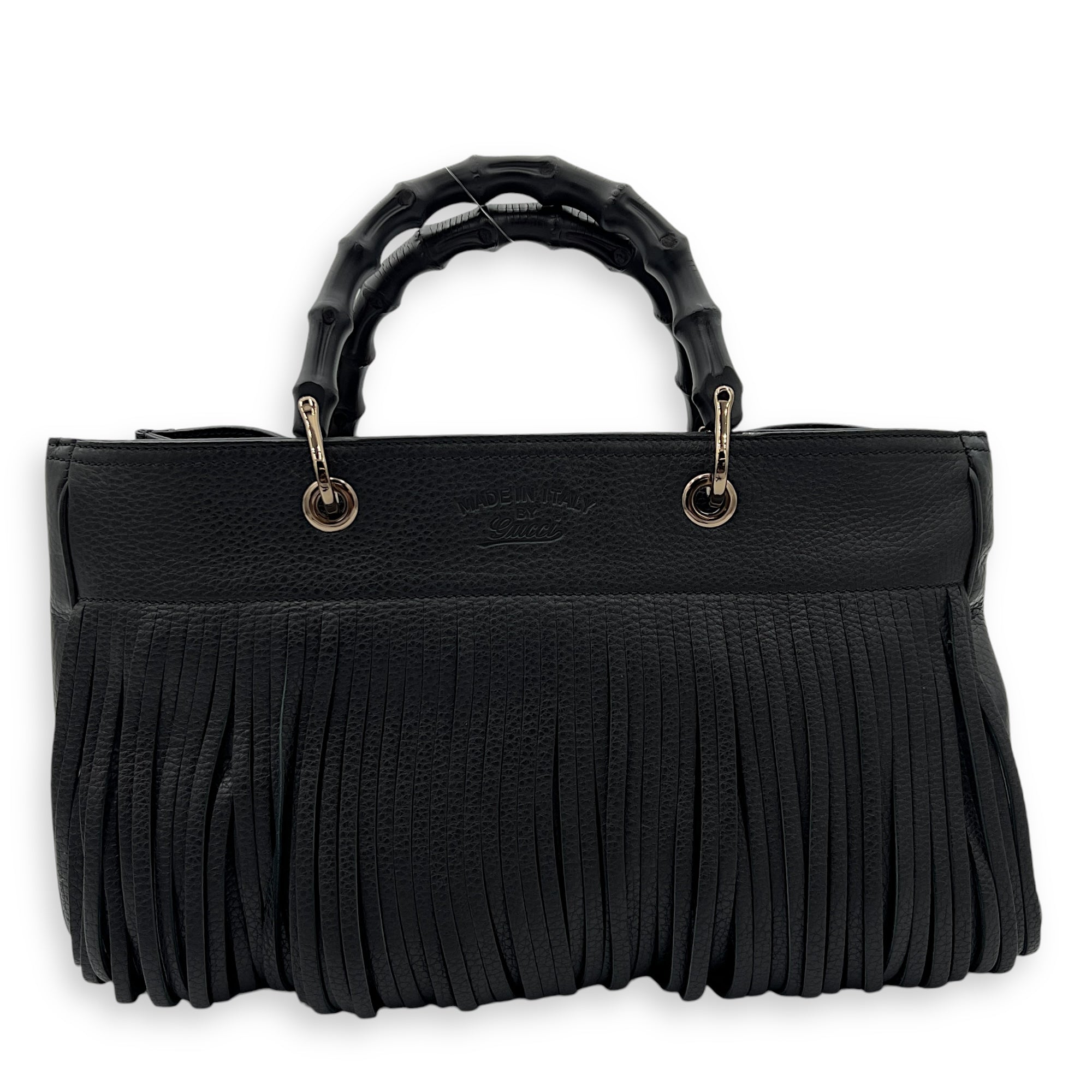Bamboo Tassel Black Top Handle Bag in Calfskin, Gunmetal hardware