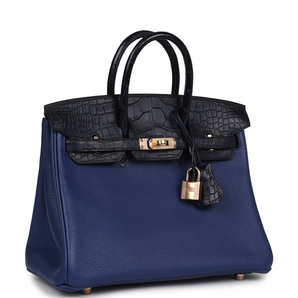 Hermes Birkin 25 Bleu Saphir Taurillion Novillo and Bleu Marine Matte Alligator Touch Rose Gold Hardware - Image 3