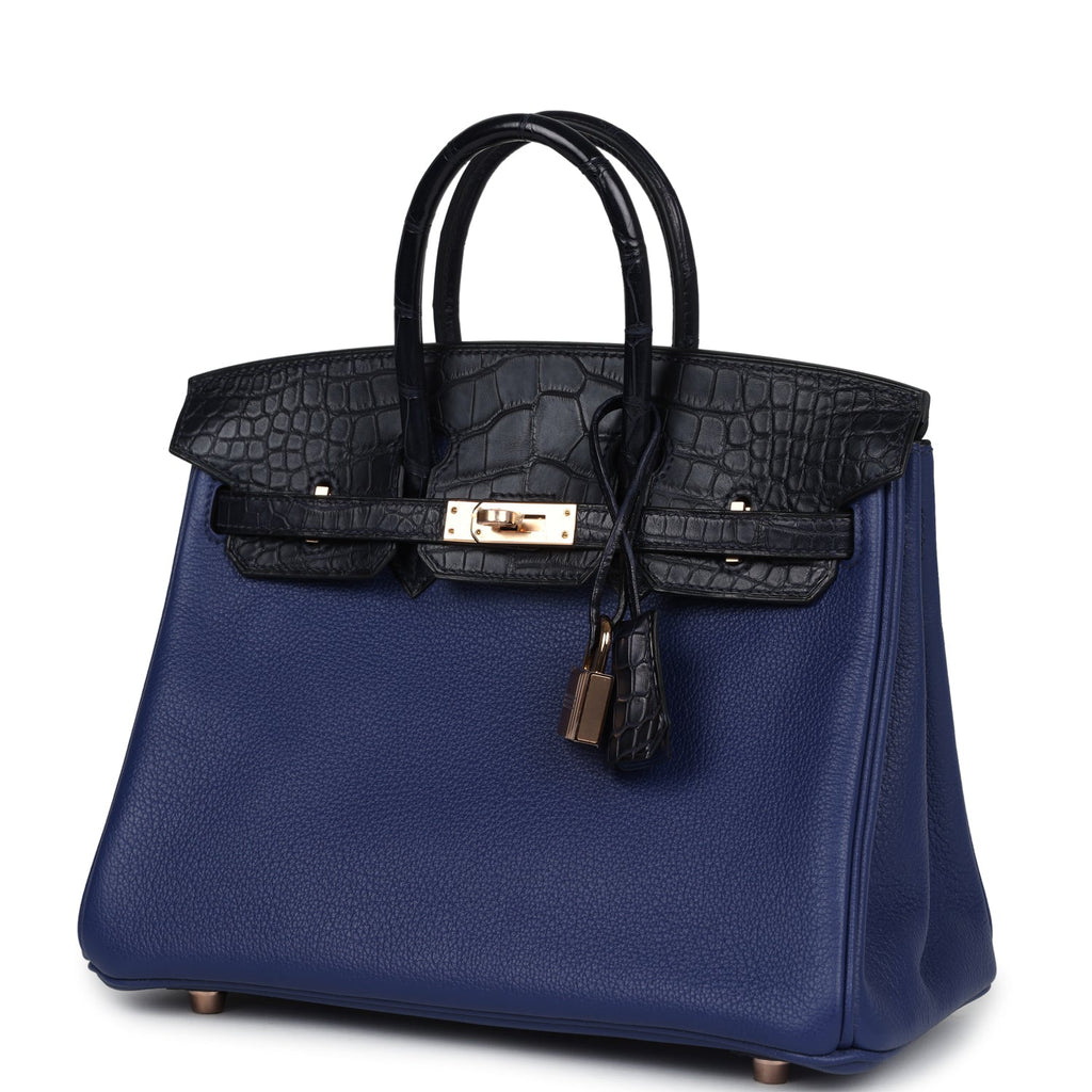 Hermes Birkin 25 Bleu Saphir Taurillion Novillo and Bleu Marine Matte Alligator Touch Rose Gold Hardware - Image 6