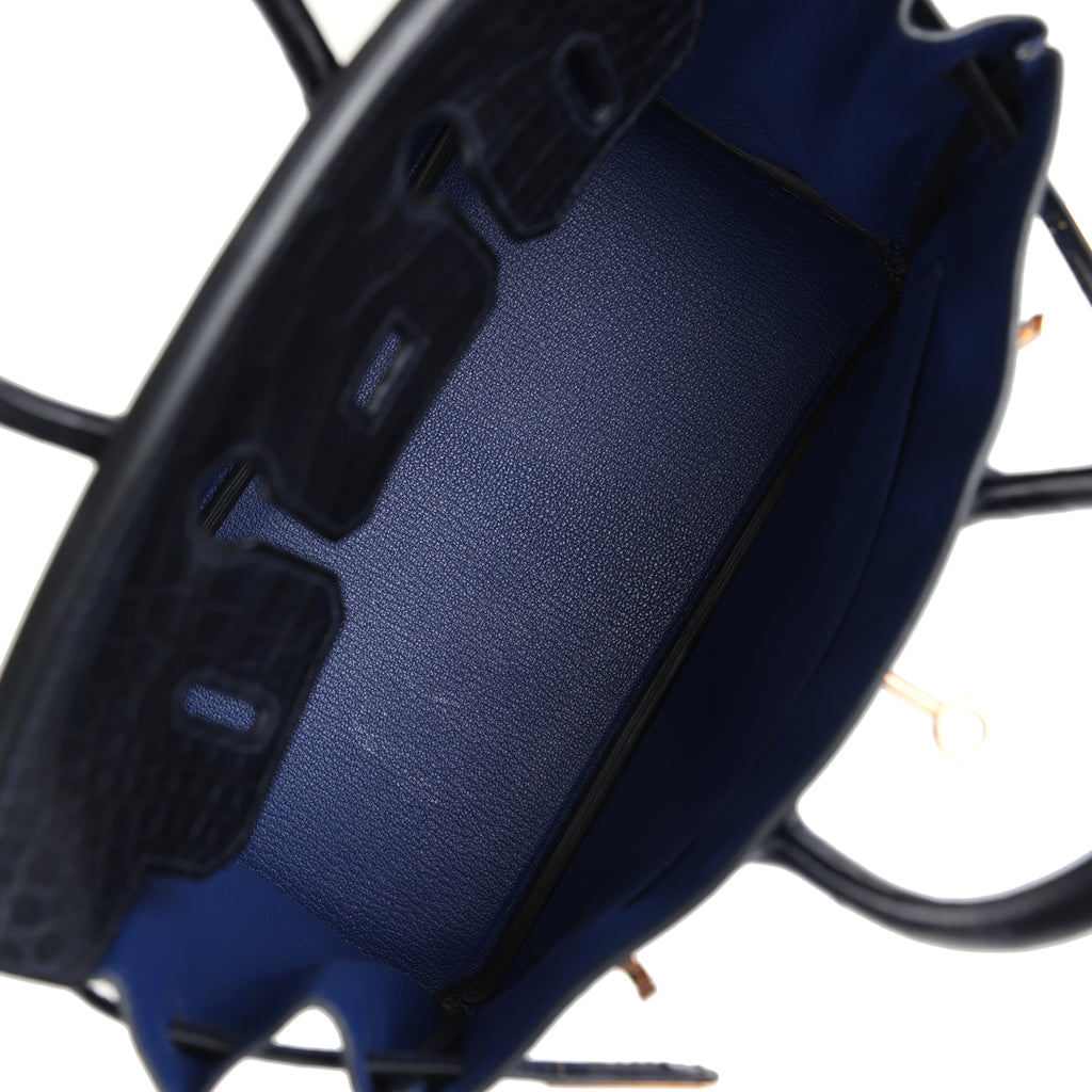 Hermes Birkin 25 Bleu Saphir Taurillion Novillo and Bleu Marine Matte Alligator Touch Rose Gold Hardware - Image 9