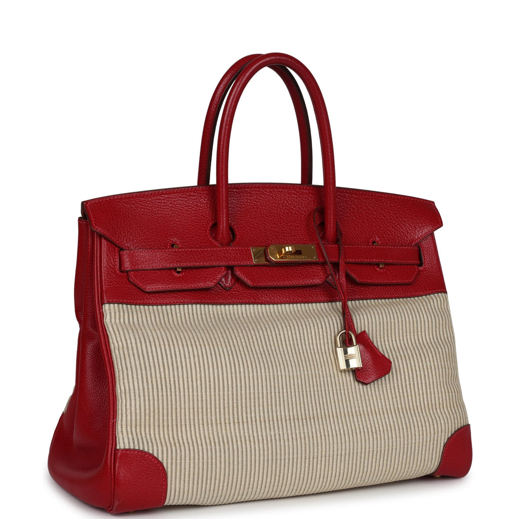 Vintage Hermes Birkin 35 Rouge Vif Buffalo and Crinoline Gold Hardware - Image 3
