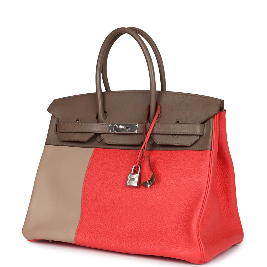 Pre-owned Hermes Birkin 30 Cascade Rose Jaipur, Etoupe and Argile Swift and Clemence Brushed Palladium Hardware - Image 6