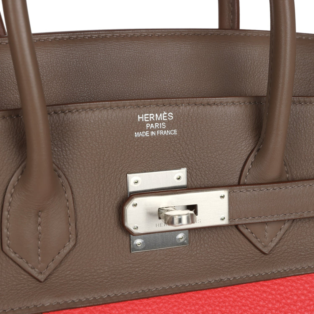 Pre-owned Hermes Birkin 30 Cascade Rose Jaipur, Etoupe and Argile Swift and Clemence Brushed Palladium Hardware - Image 8