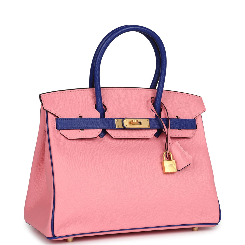 Hermes Special Order (HSS) Birkin 30 Rose Confetti and Bleu Electric Epsom Brushed Gold Hardware - Image 3