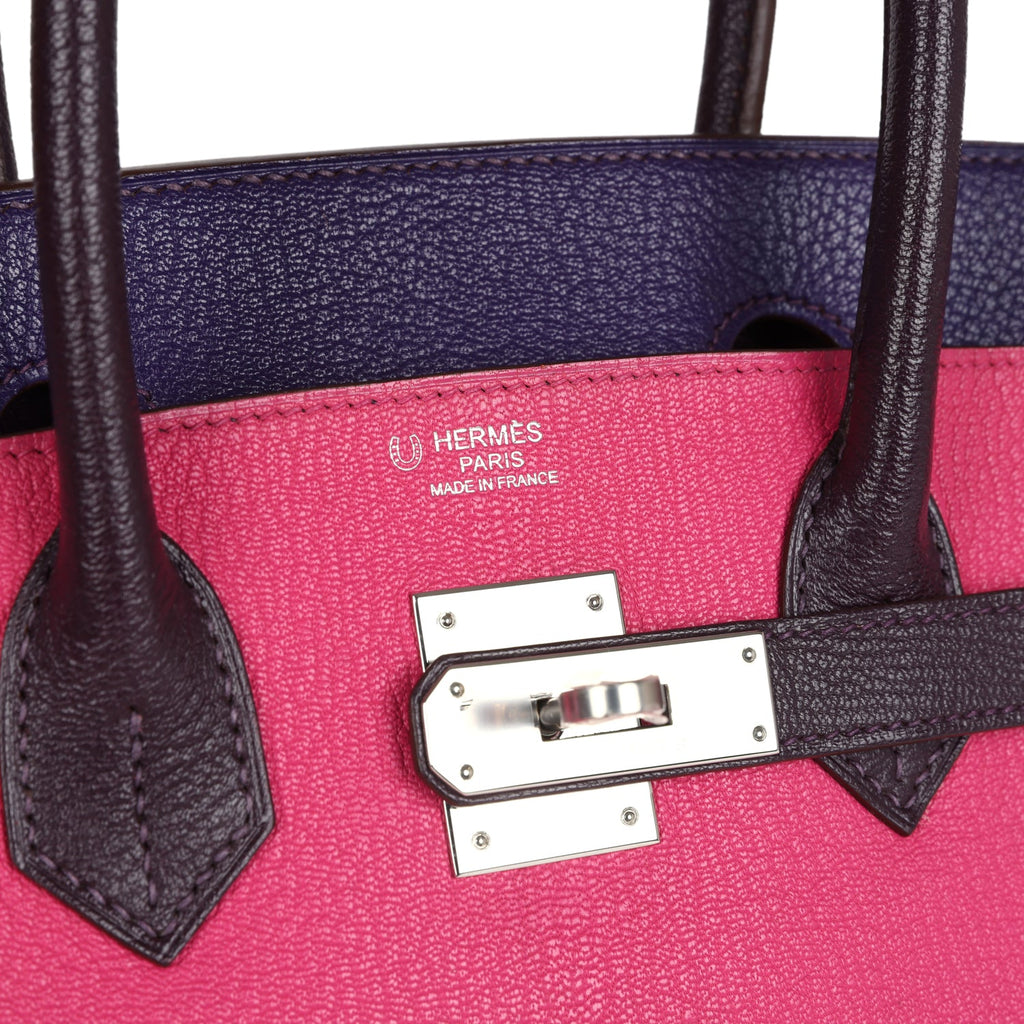 Pre-owned Hermes Special Order (HSS) Birkin 30 Tri-color Raisin, Ultraviolet and Rose Shocking Chevre Palladium Hardware - Image 8