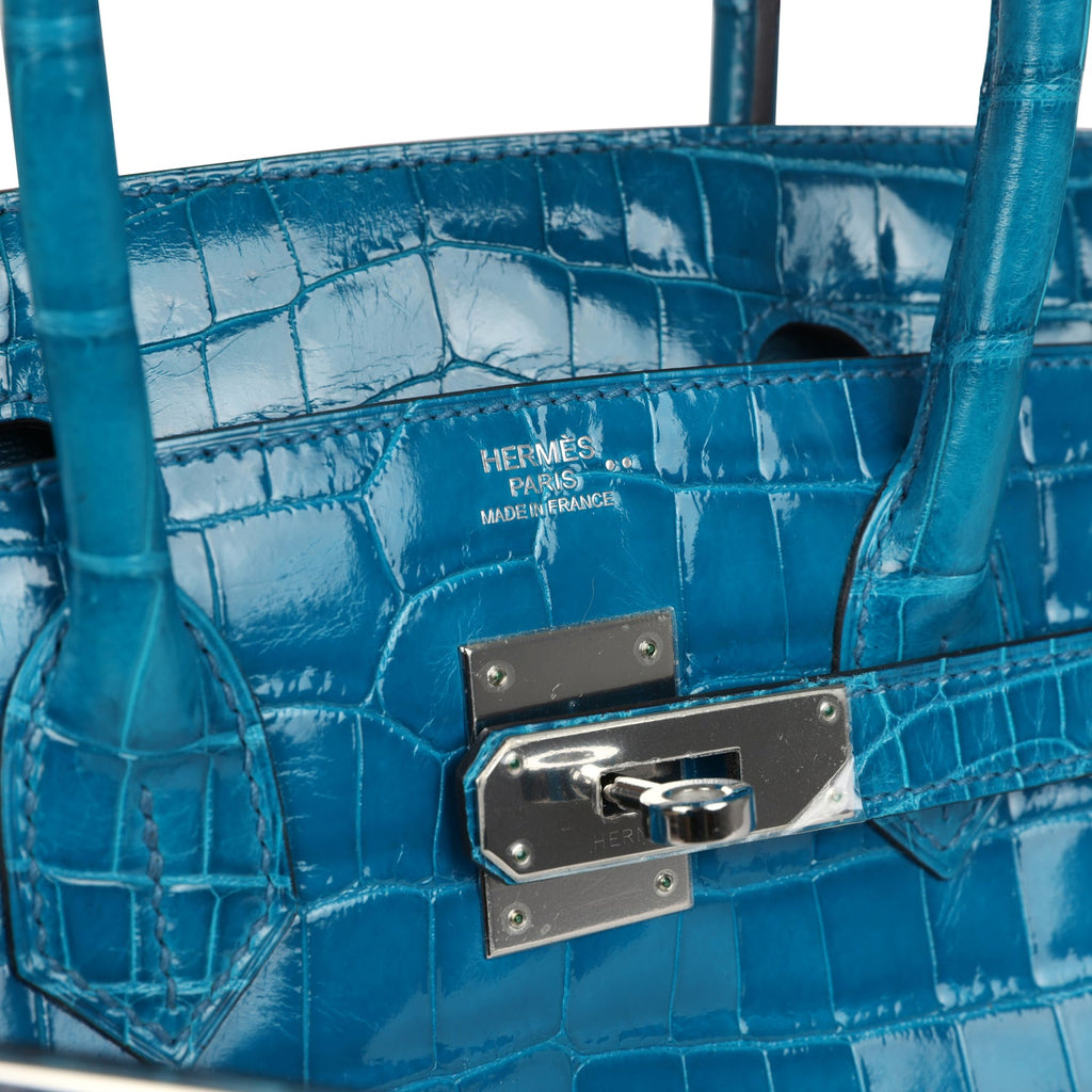 Pre-owned Hermes Birkin 30 Bleu Izmir Shiny Niloticus Crocodile Palladium Hardware - Image 8
