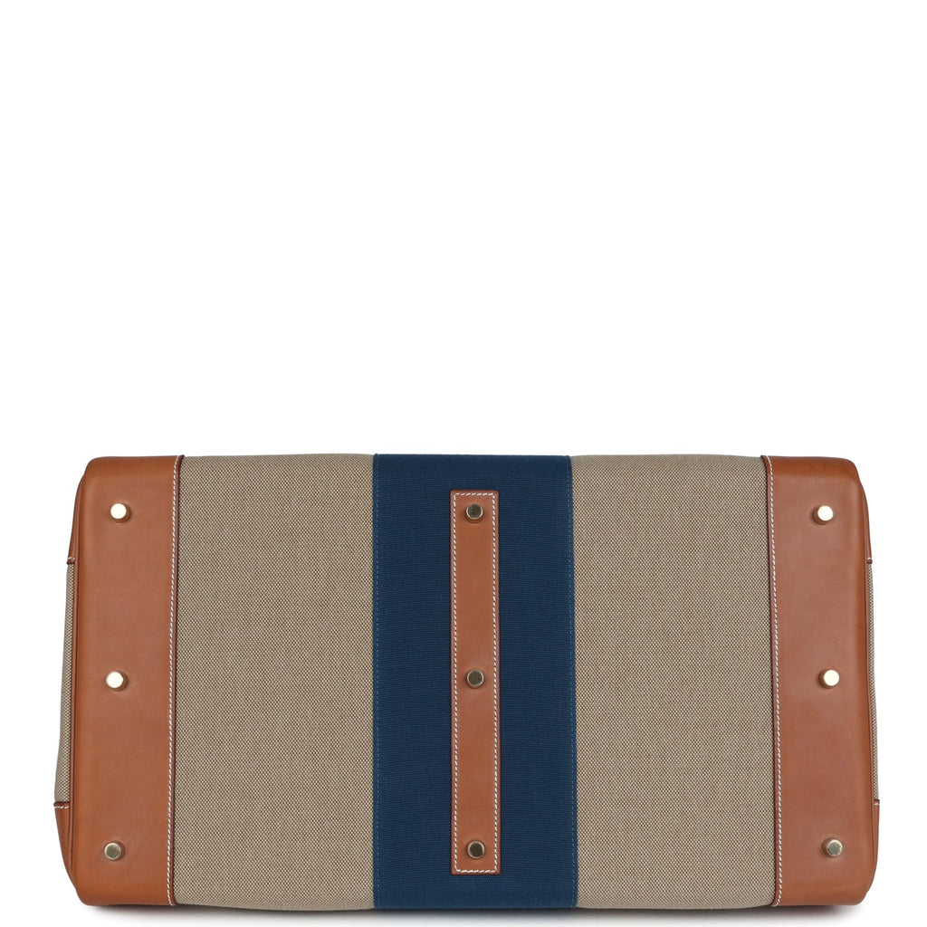 Pre-owned Hermes Birkin HAC 50 Flag Ficelle Toile H, Fauve Barenia and Bleu Toile H Canvas Gold Hardware - Image 7