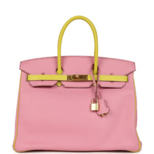 Pre-owned Hermes Special Order (HSS) Birkin 35 5P Bubblegum and Lime Swift Gold Hardware